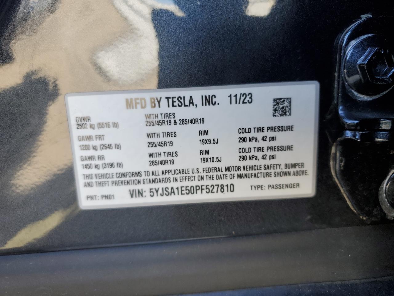 2023 TESLA MODEL S  VIN:5YJSA1E50PF527810