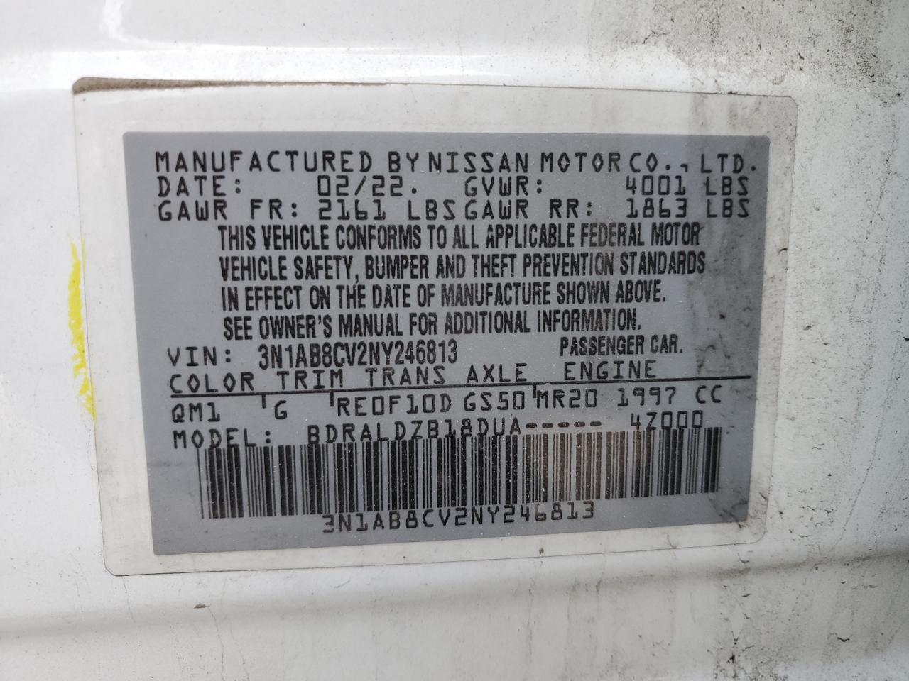 2022 NISSAN SENTRA SV VIN:3N1AB8CV2NY246813