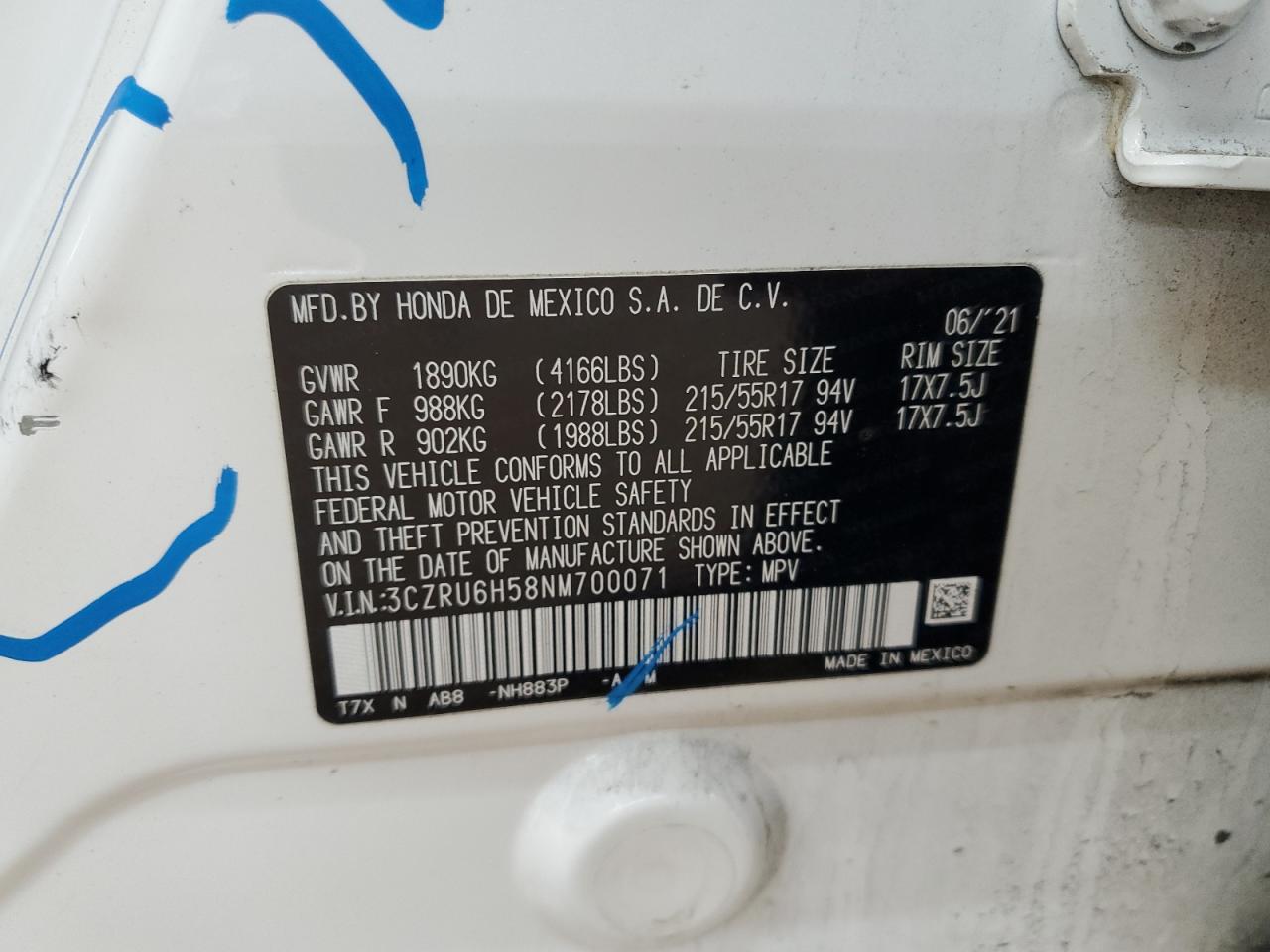 2022 HONDA HR-V EX VIN:3CZRU6H58NM700071