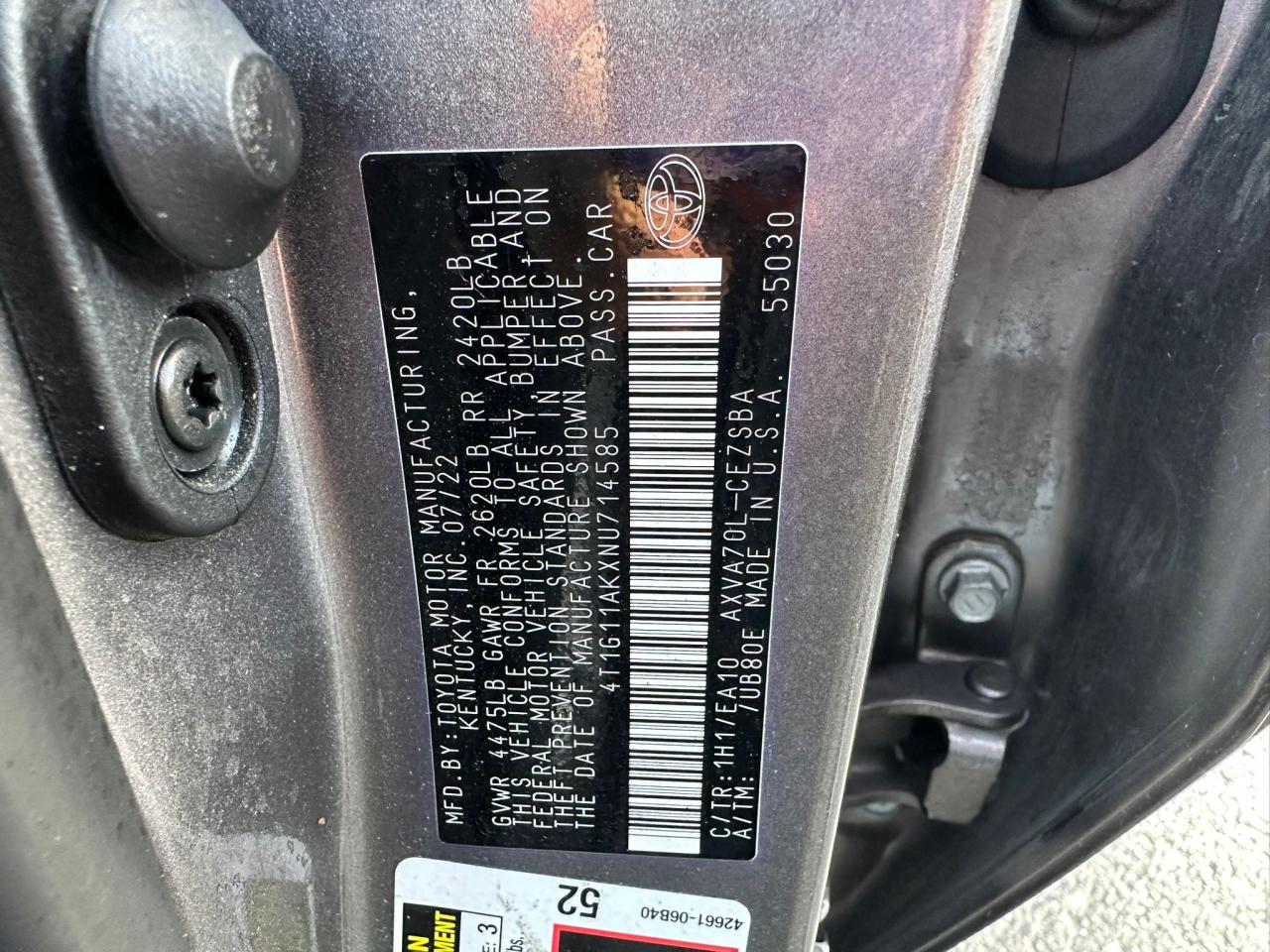 2022 TOYOTA CAMRY SE VIN:4T1G11AKXNU714585
