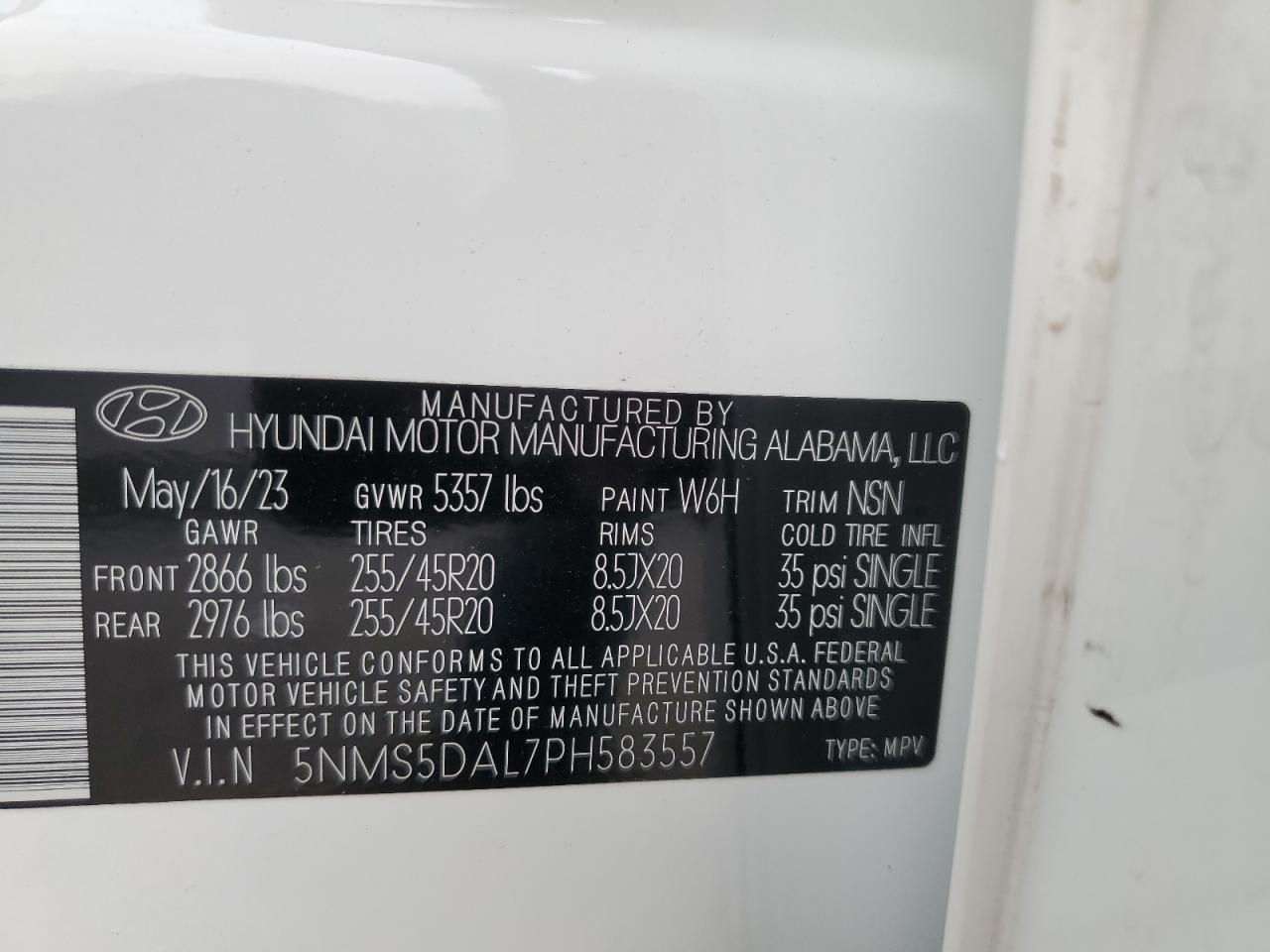 2023 HYUNDAI SANTA FE CALLIGRAPHY VIN:5NMS5DAL7PH583557