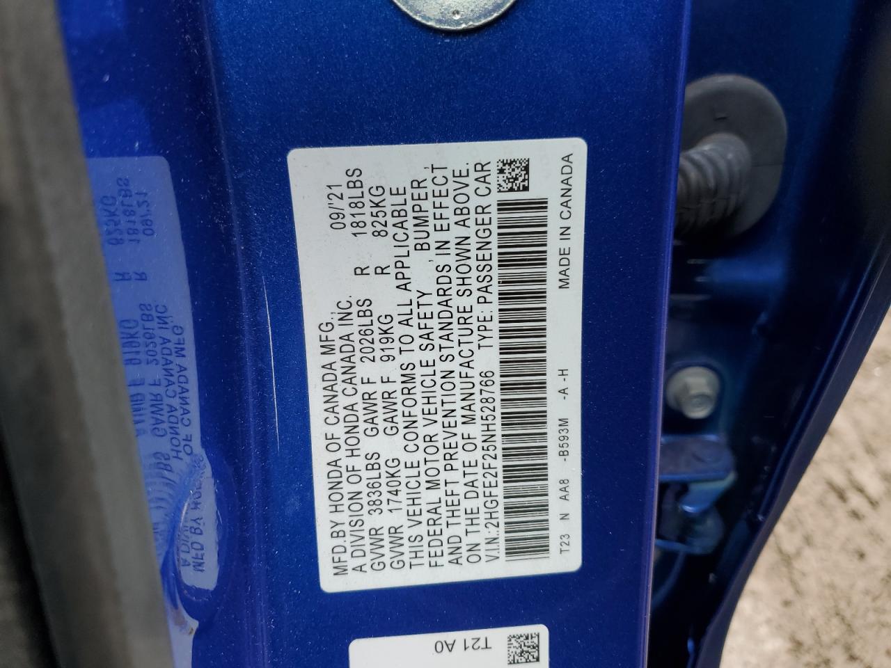 2022 HONDA CIVIC LX VIN:2HGFE2F25NH528766