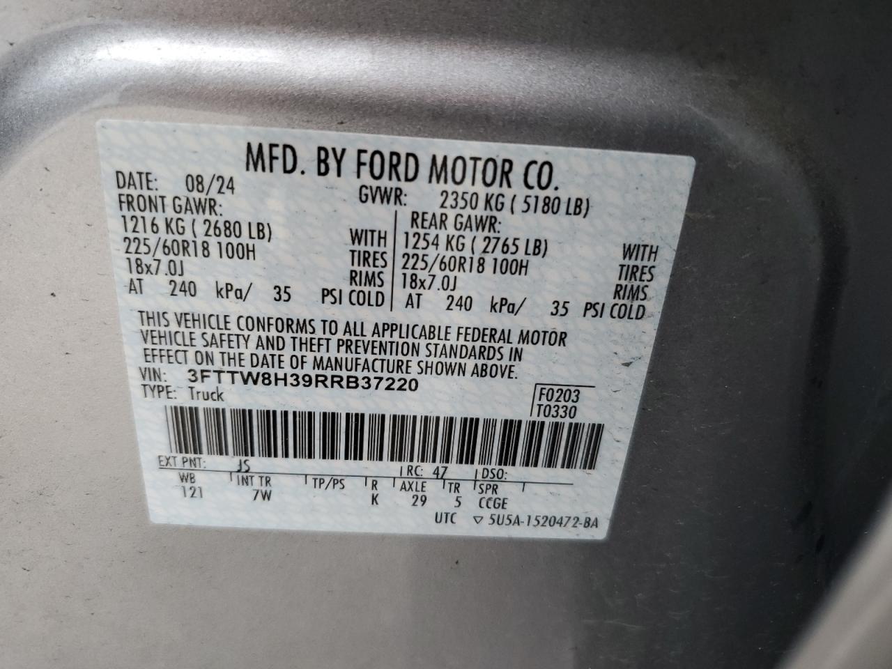2024 FORD MAVERICK XLT VIN:3FTTW8H39RRB37220