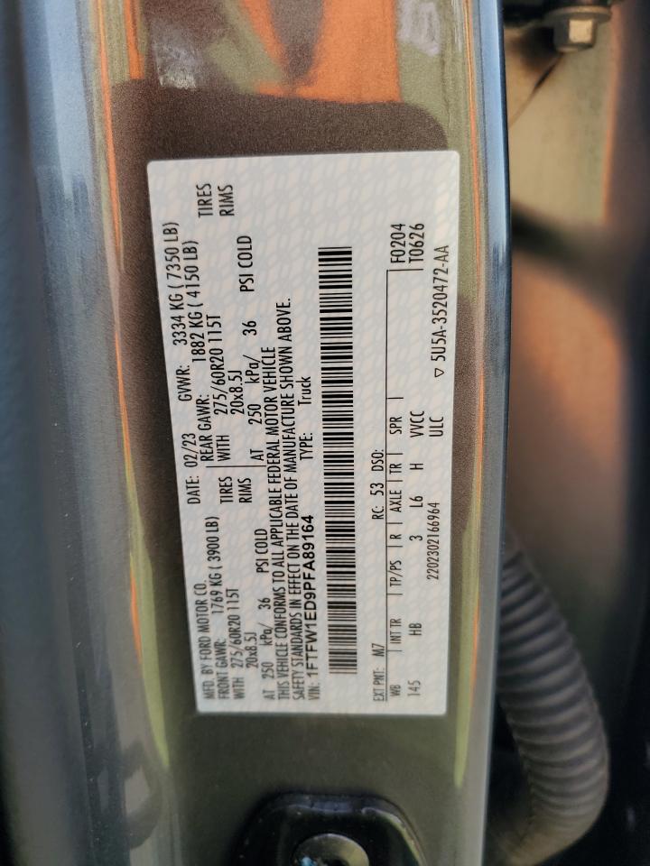 2023 FORD F150 SUPERCREW VIN:1FTFW1ED9PFA89164