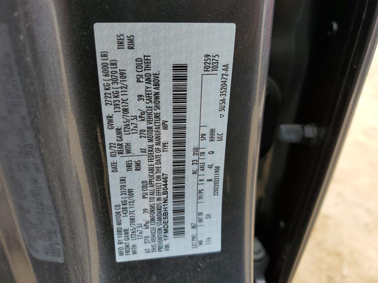 2022 FORD BRONCO BASE VIN:1FMDE5BH1NLB04467