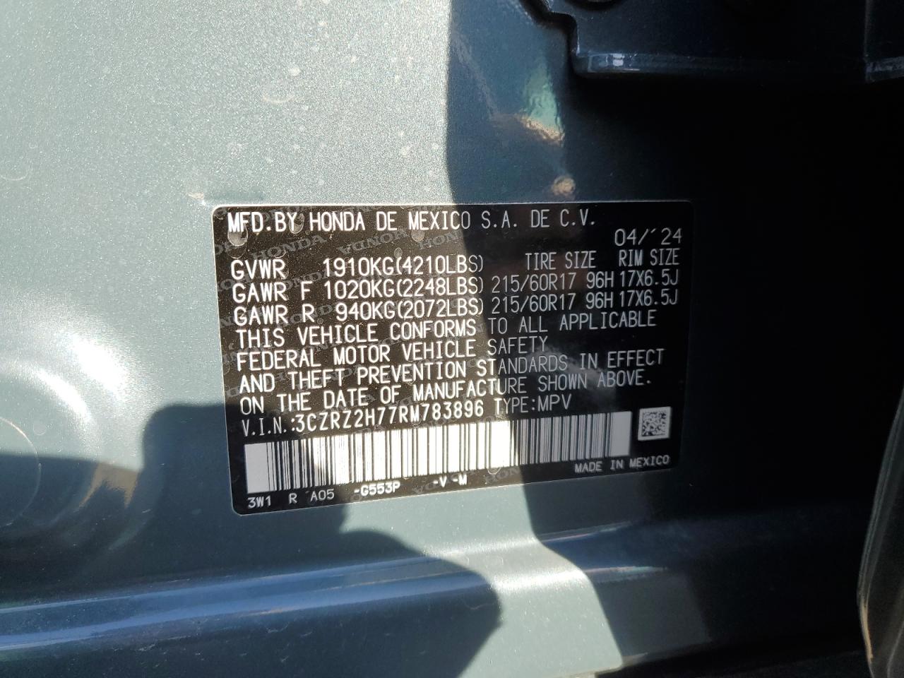 2024 HONDA HR-V EXL VIN:3CZRZ2H77RM783896