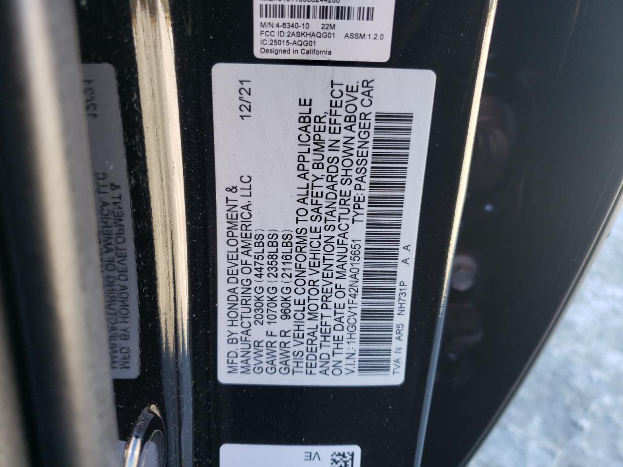 2022 HONDA ACCORD SPORT SE VIN:1HGCV1F42NA015651