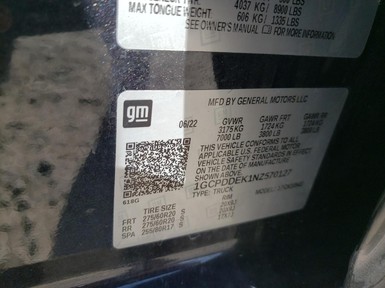 2022 CHEVROLET SILVERADO K1500 LT VIN:1GCPDDEK1NZ570127