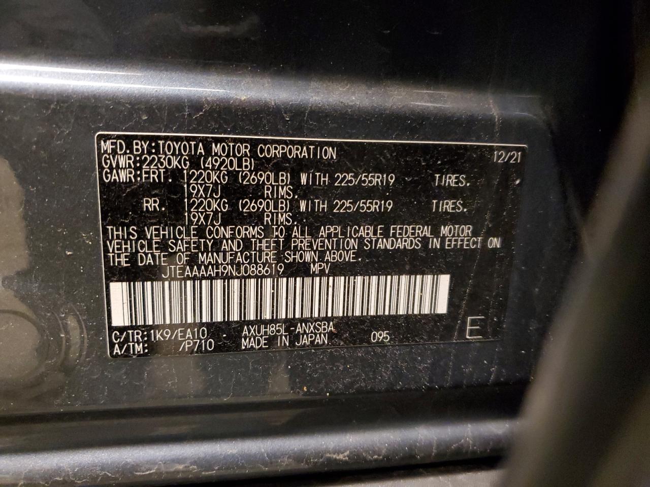 2022 TOYOTA VENZA LE VIN:JTEAAAAH9NJ088619