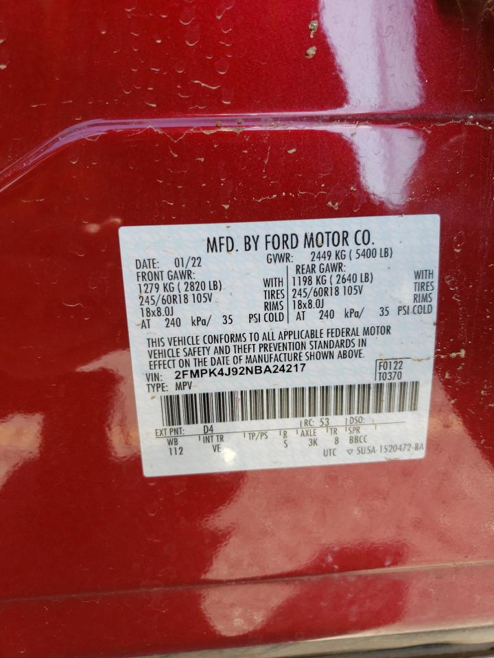 2022 FORD EDGE SEL VIN:2FMPK4J92NBA24217