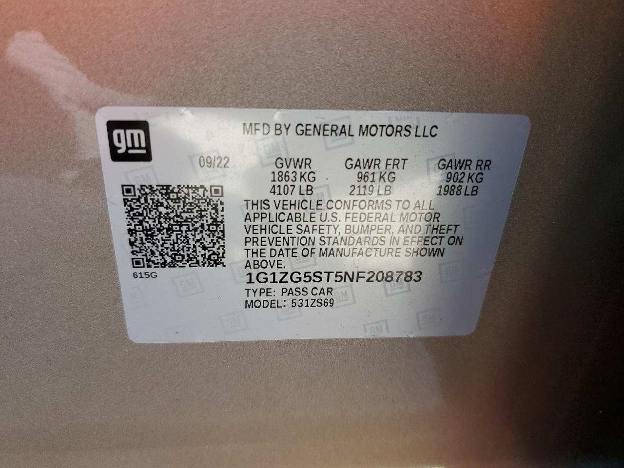 2022 CHEVROLET MALIBU RS VIN:1G1ZG5ST5NF208783