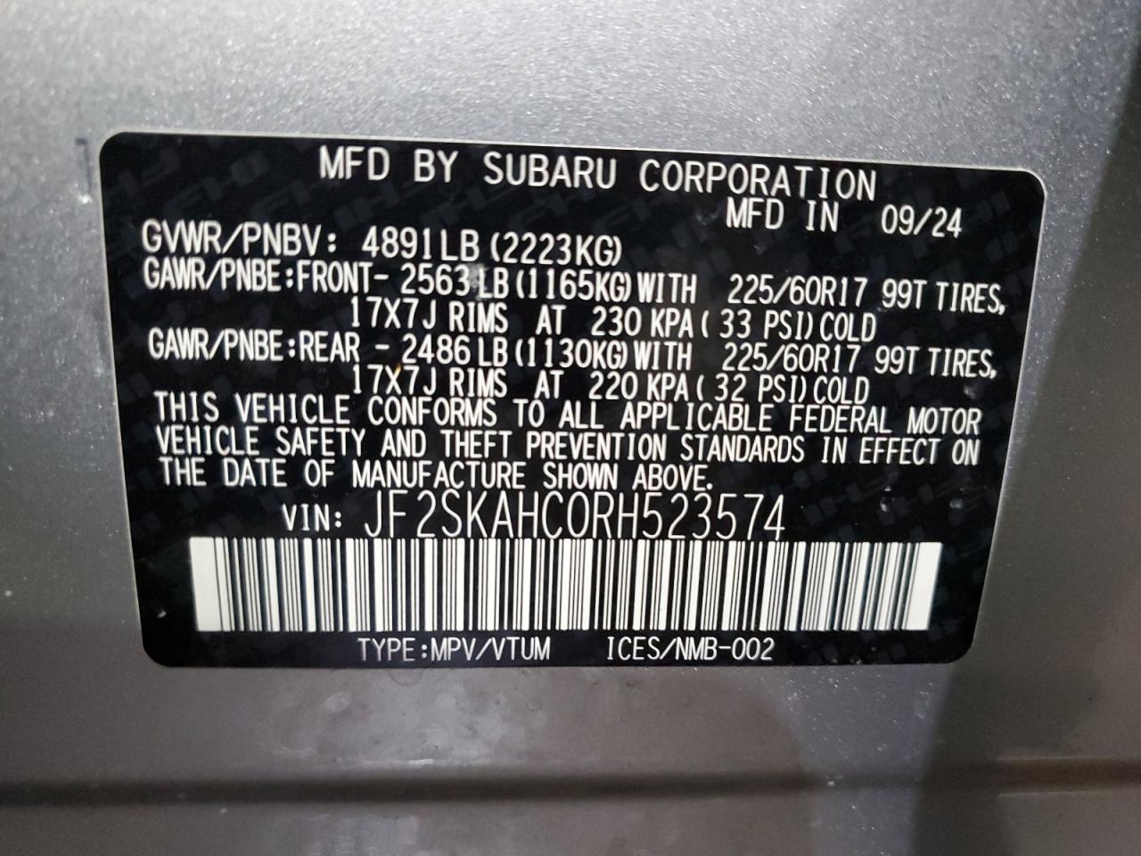 2024 SUBARU FORESTER WILDERNESS VIN:JF2SKAHC0RH523574