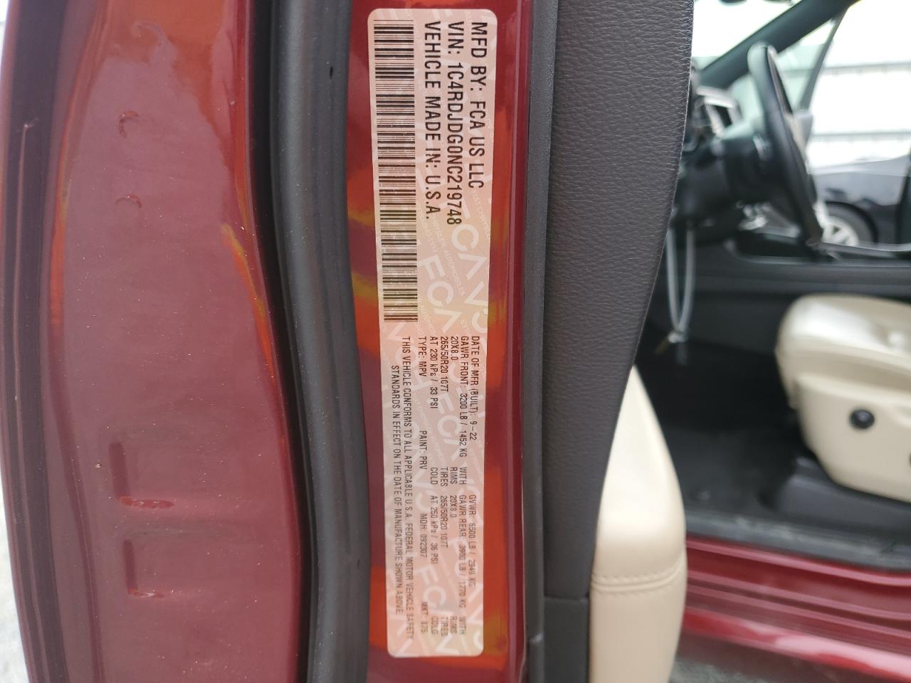 2022 DODGE DURANGO GT VIN:1C4RDJDG0NC219748