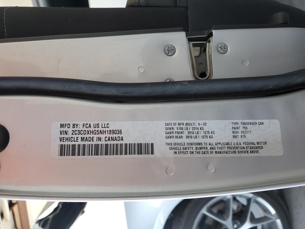 2022 DODGE CHARGER GT VIN:2C3CDXHG5NH189036