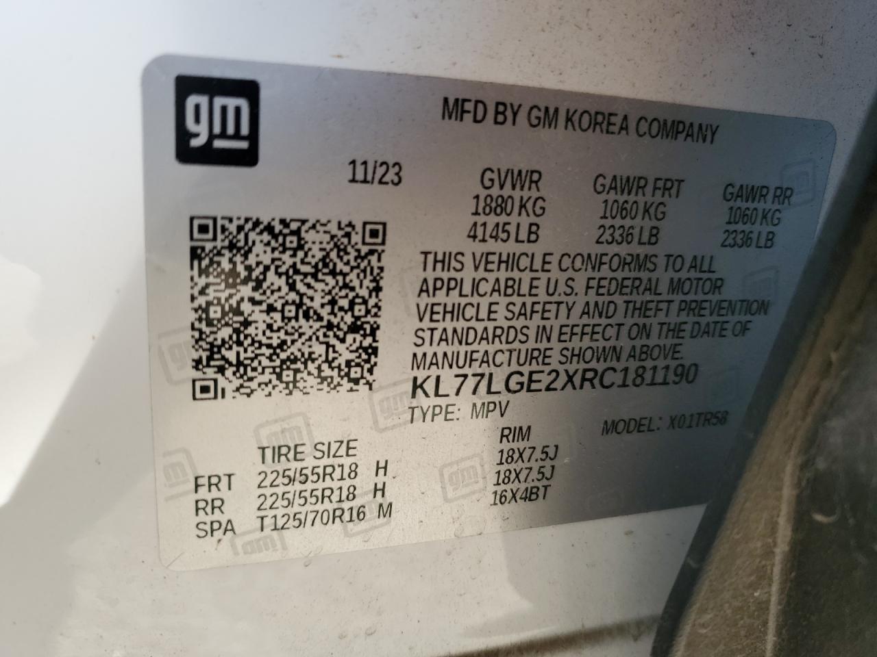 2024 CHEVROLET TRAX 1RS VIN:KL77LGE2XRC181190