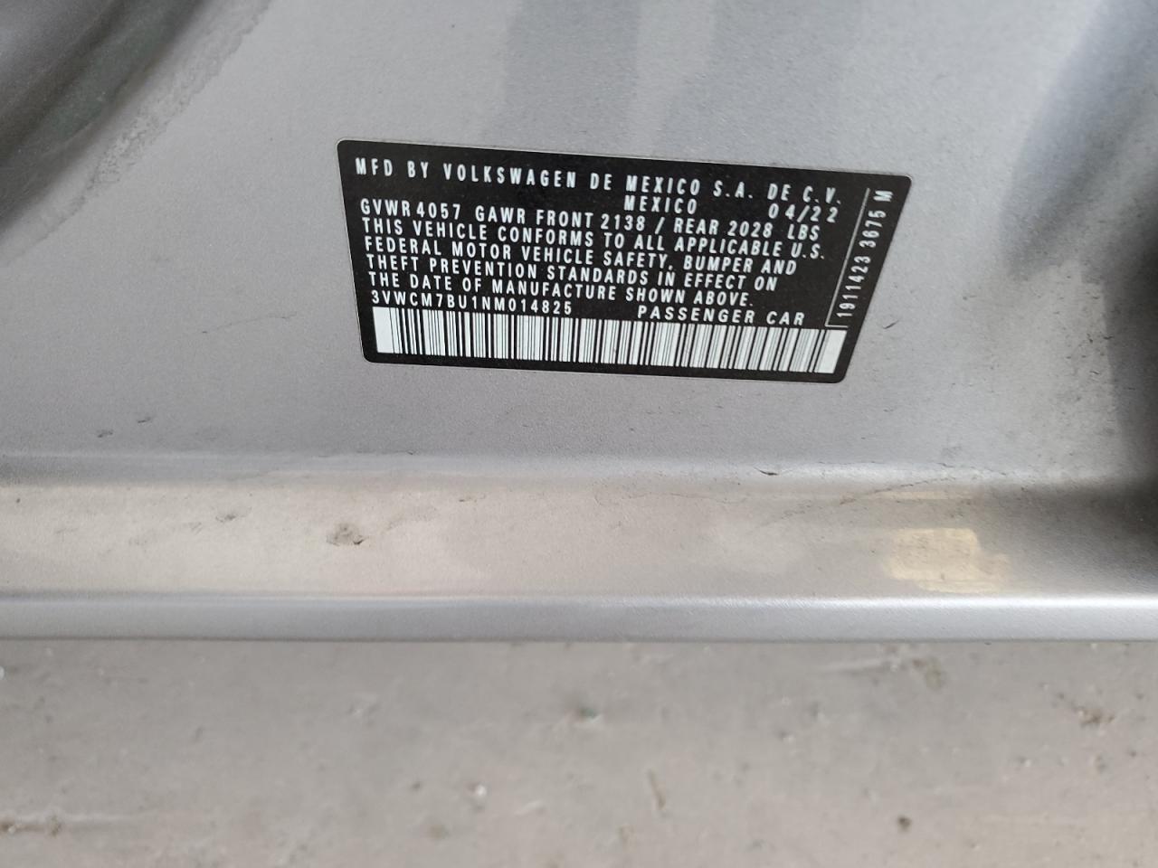 2022 VOLKSWAGEN JETTA S VIN:3VWCM7BU1NM014825