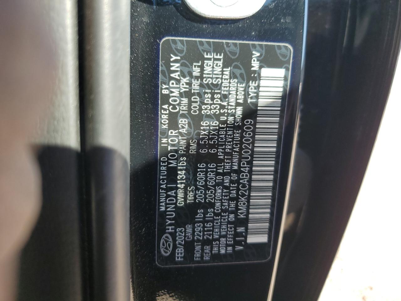 2023 HYUNDAI KONA SE VIN:KM8K2CAB4PU020609