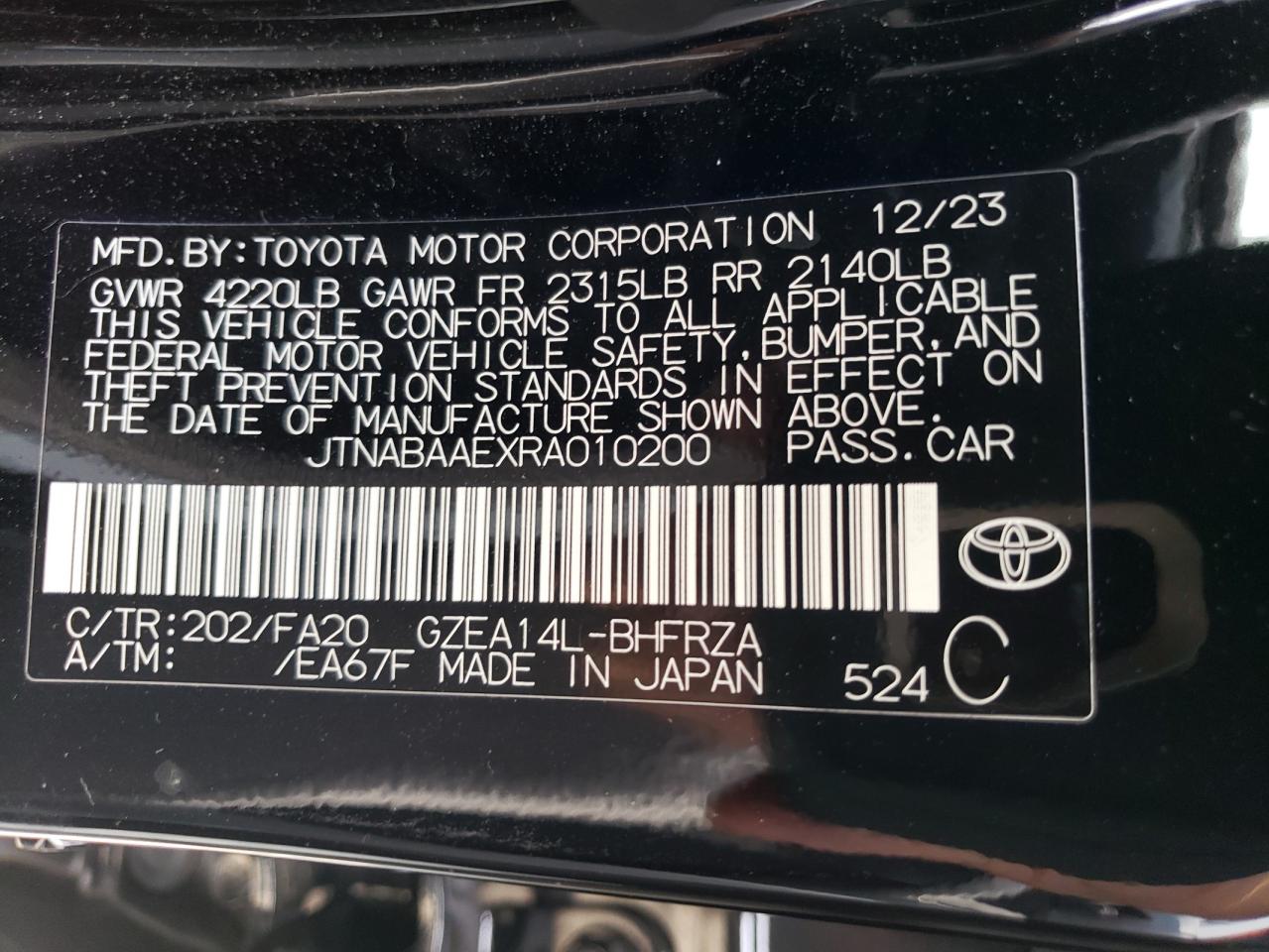 2024 TOYOTA GR COROLLA CORE VIN:JTNABAAEXRA010200