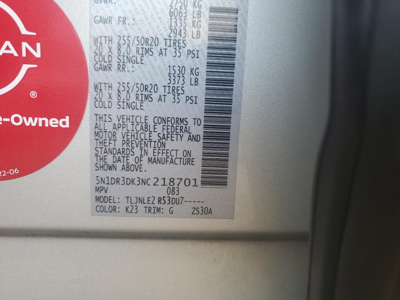 2022 NISSAN PATHFINDER PLATINUM VIN:5N1DR3DK3NC218701
