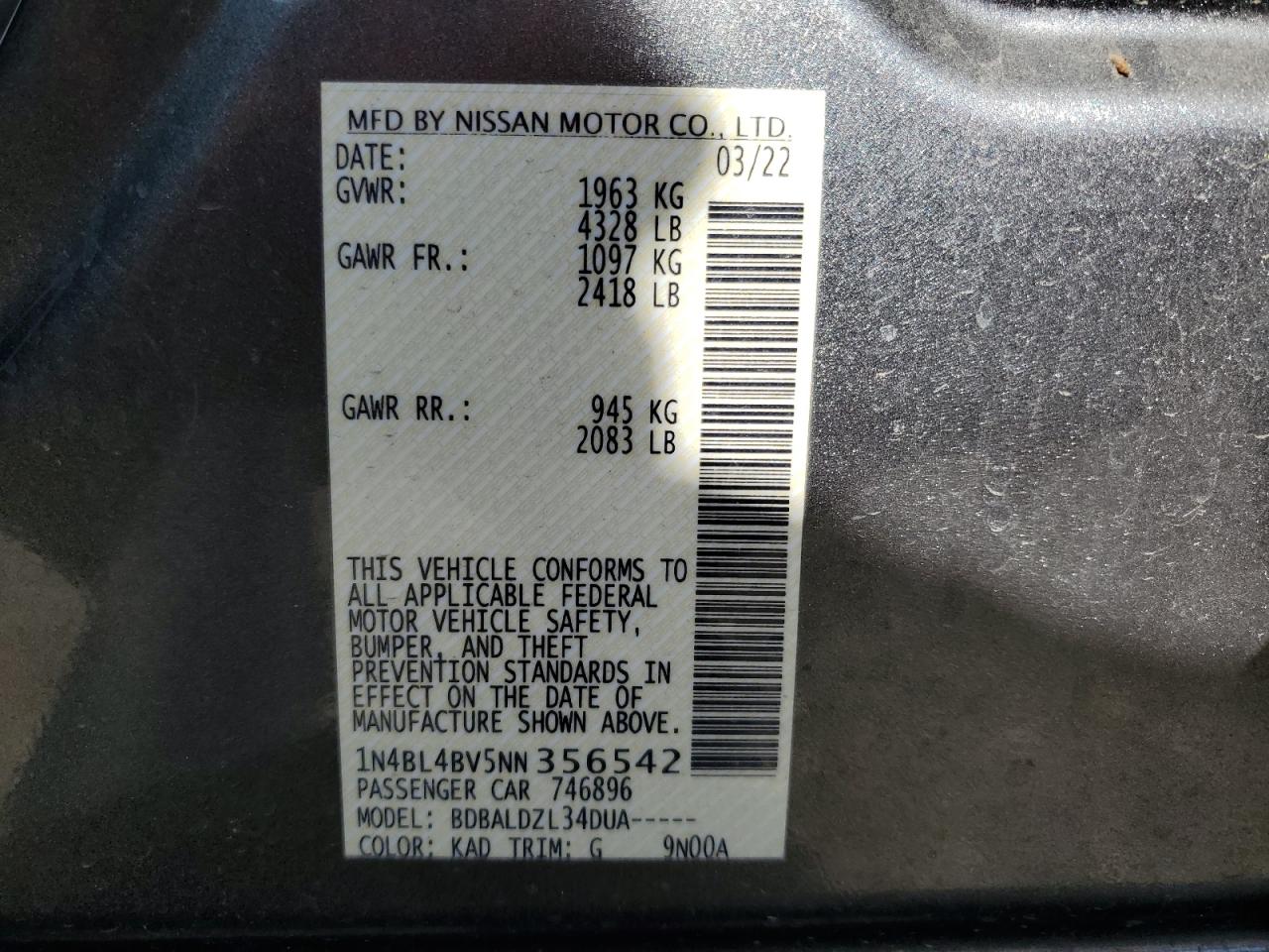 2022 NISSAN ALTIMA S VIN:1N4BL4BV5NN356542
