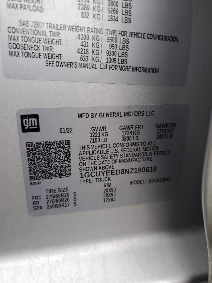 2022 CHEVROLET SILVERADO LTD K1500 RST VIN:1GCUYEED8NZ190619