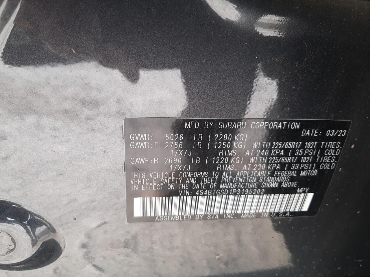 2023 SUBARU OUTBACK WILDERNESS VIN:4S4BTGSD1P3195202