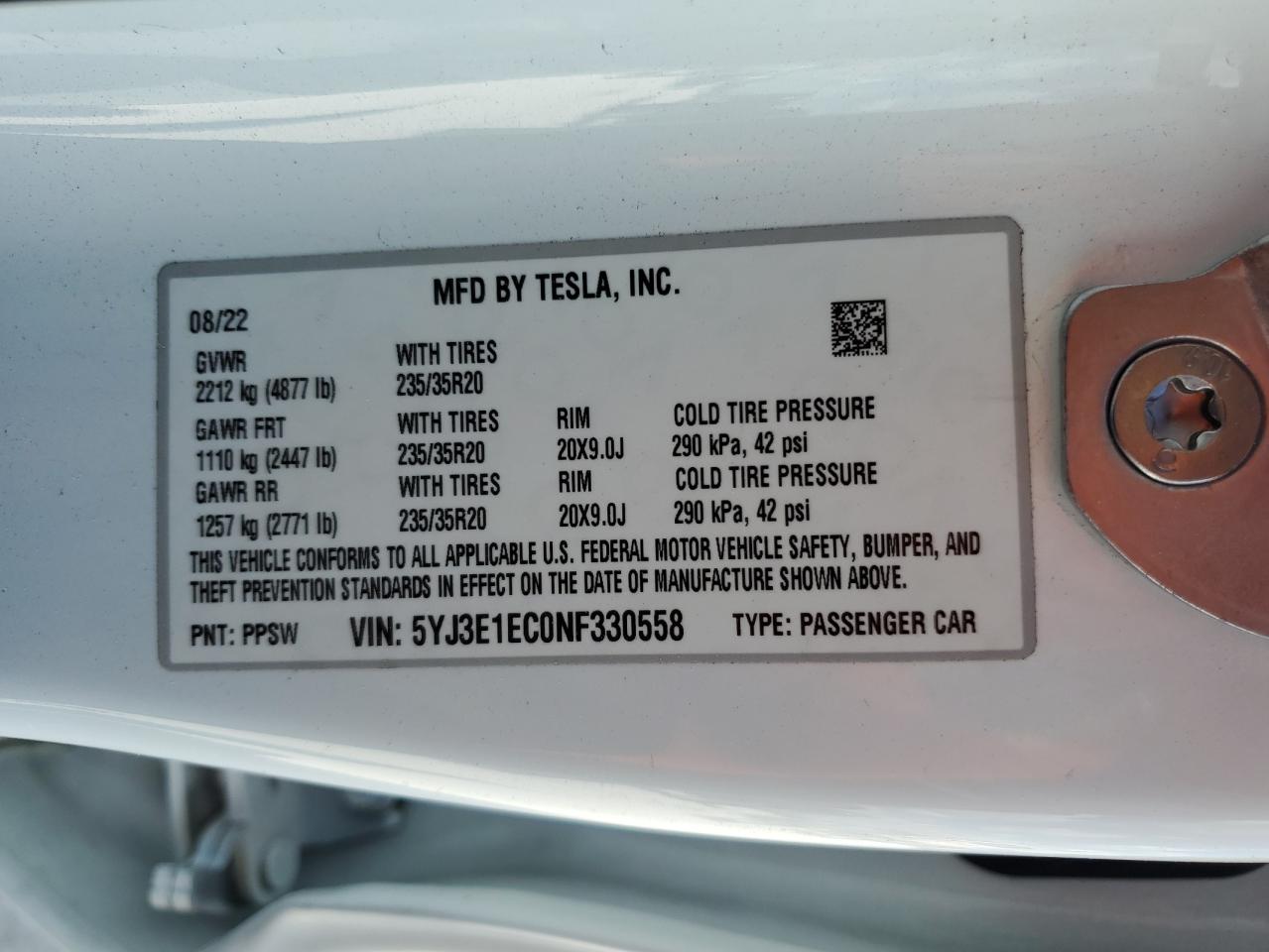 2022 TESLA MODEL 3  VIN:5YJ3E1EC0NF330558