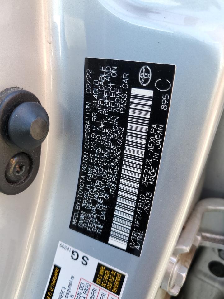 2022 TOYOTA COROLLA LE VIN:JTDEPMAE2N3016032