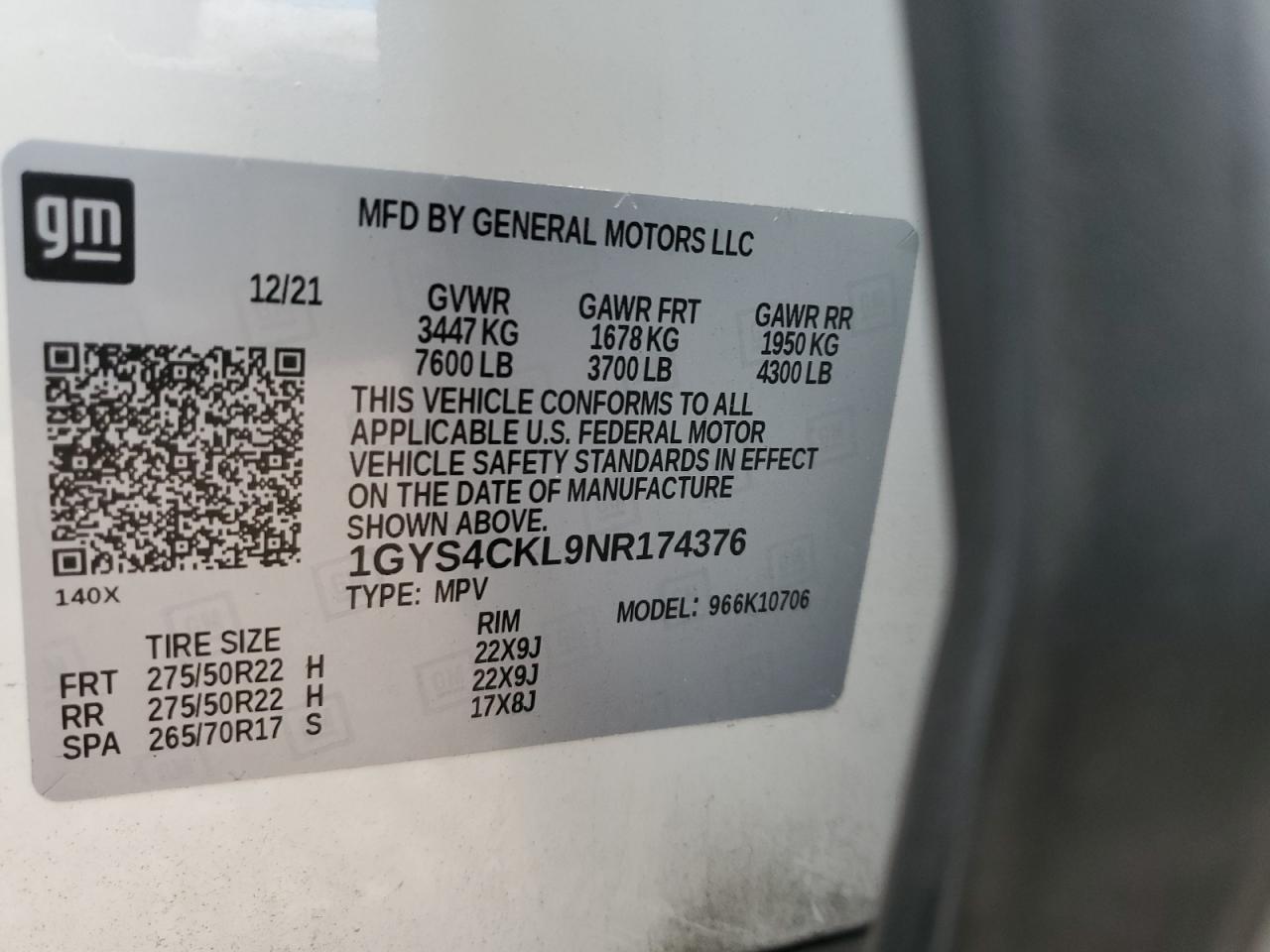 2022 CADILLAC ESCALADE PREMIUM LUXURY VIN:1GYS4CKL9NR174376