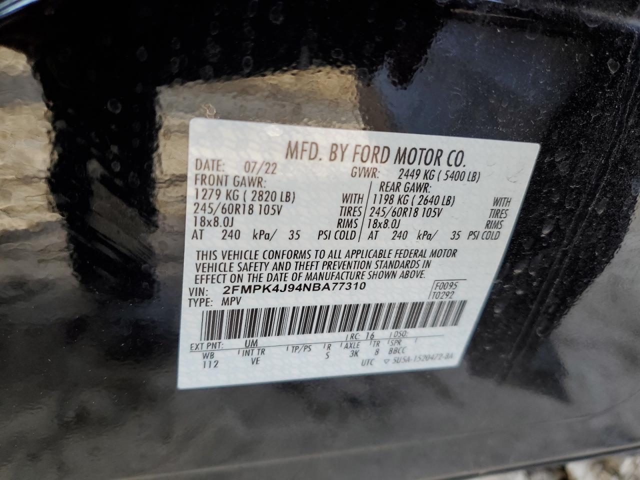 2022 FORD EDGE SEL VIN:2FMPK4J94NBA77310