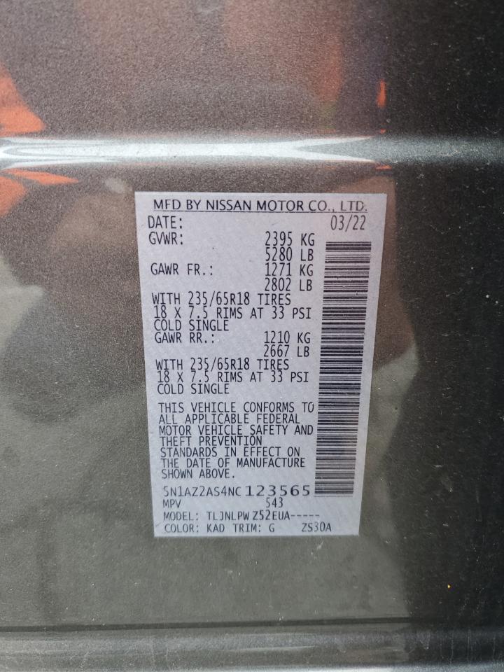 2022 NISSAN MURANO S VIN:5N1AZ2AS4NC123565