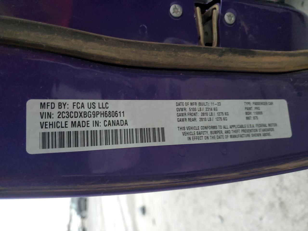 2023 DODGE CHARGER SXT VIN:2C3CDXBG9PH680611