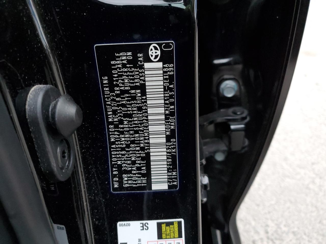 2023 TOYOTA COROLLA LE VIN:5YFB4MDE0PP019514