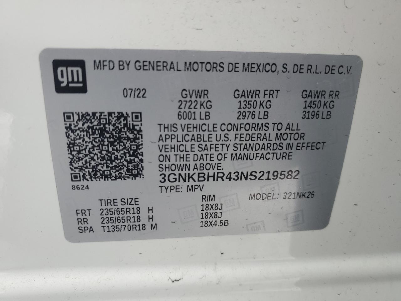 2022 CHEVROLET BLAZER 2LT VIN:3GNKBHR43NS219582