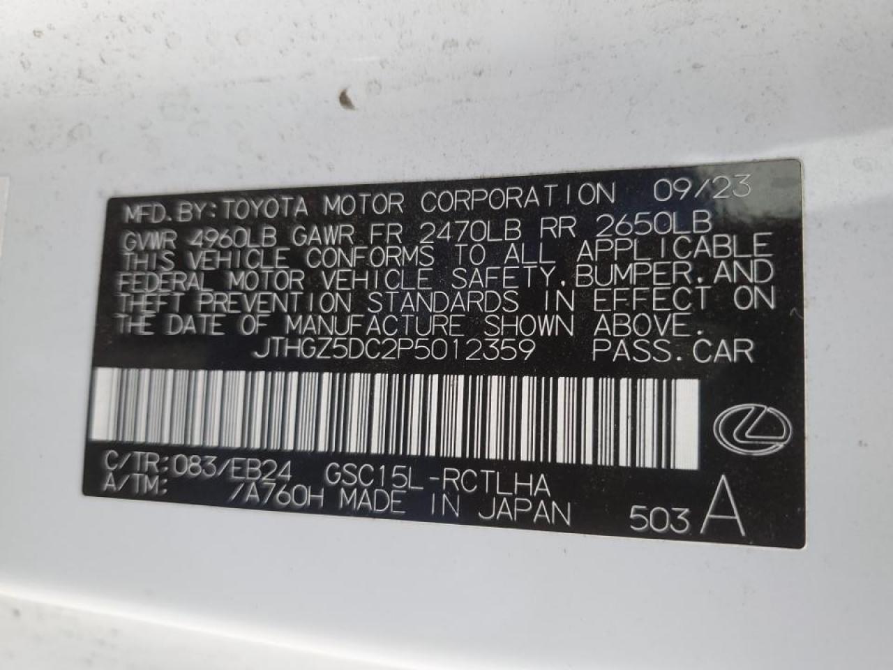 2023 LEXUS RC 350 BASE VIN:JTHGZ5DC2P5012359