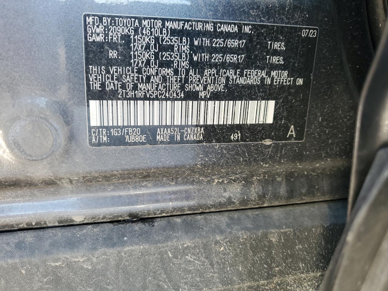 2023 TOYOTA RAV4 LE VIN:2T3H1RFV5PC240434