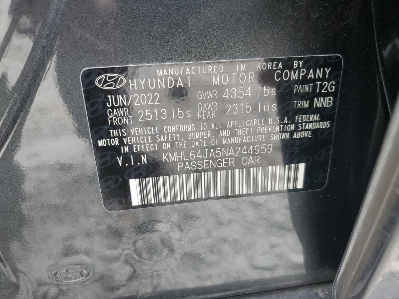 2022 HYUNDAI SONATA SEL VIN:KMHL64JA5NA244959