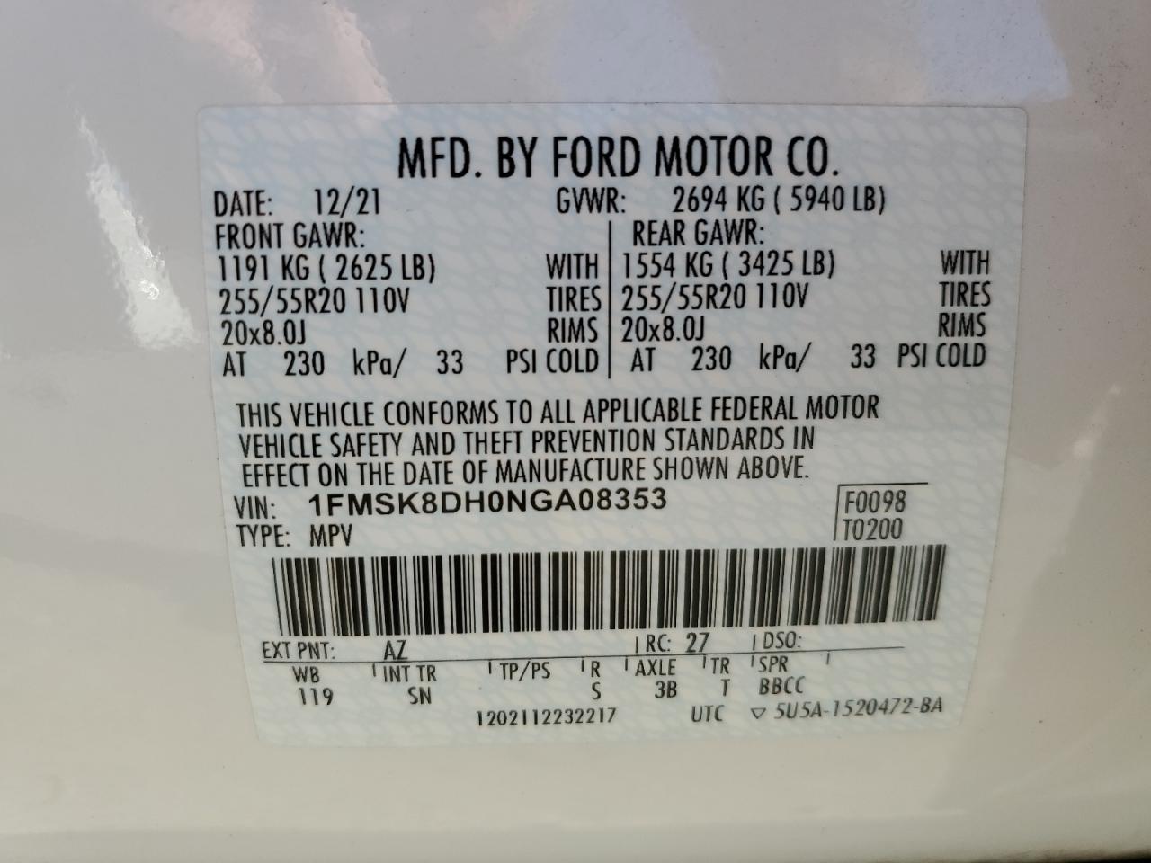 2022 FORD EXPLORER XLT VIN:1FMSK8DH0NGA08353