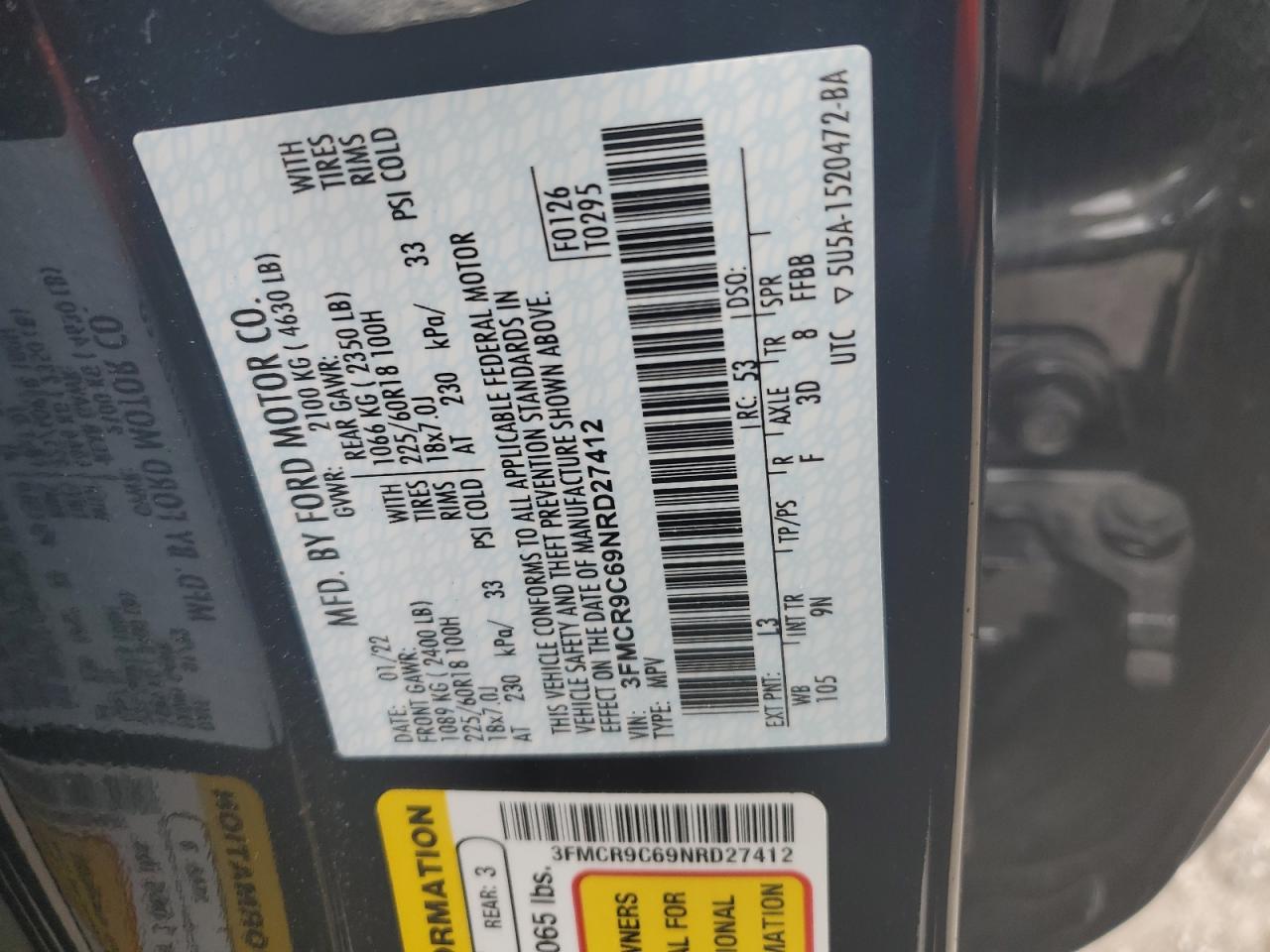 2022 FORD BRONCO SPORT OUTER BANKS VIN:3FMCR9C69NRD27412