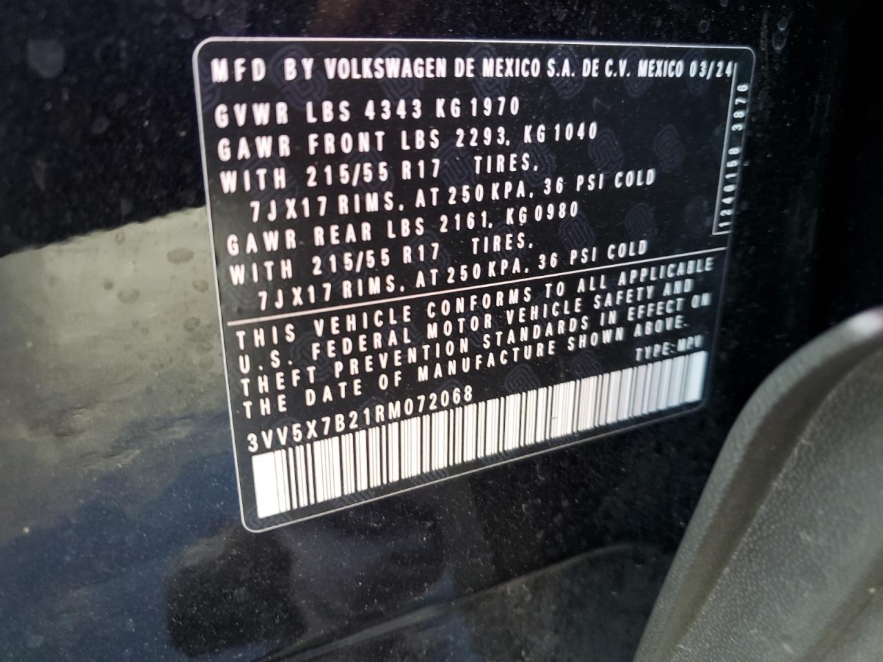 2024 VOLKSWAGEN TAOS S VIN:3VV5X7B21RM072068