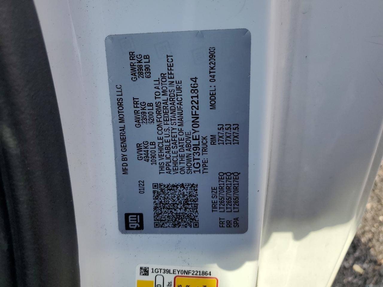 2022 GMC SIERRA K2500 HEAVY DUTY VIN:1GT39LEY0NF221864