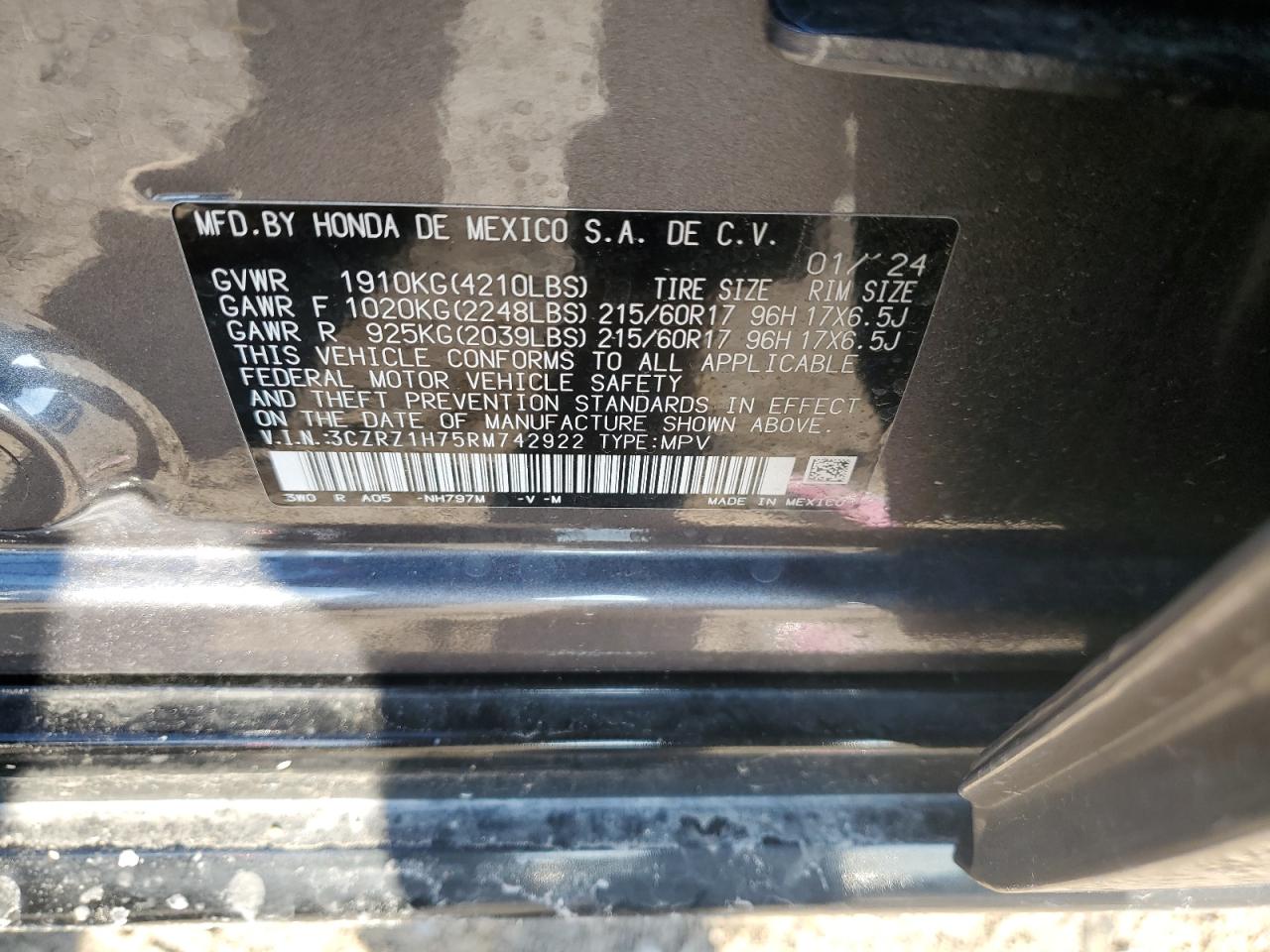 2024 HONDA HR-V EXL VIN:3CZRZ1H75RM742922