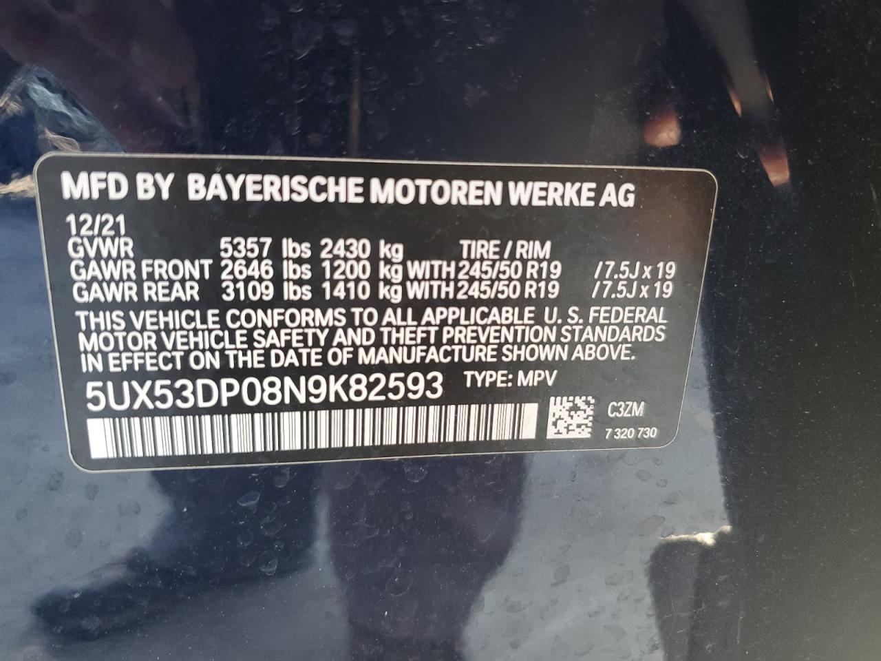 2022 BMW X3 XDRIVE30I VIN:5UX53DP08N9K82593