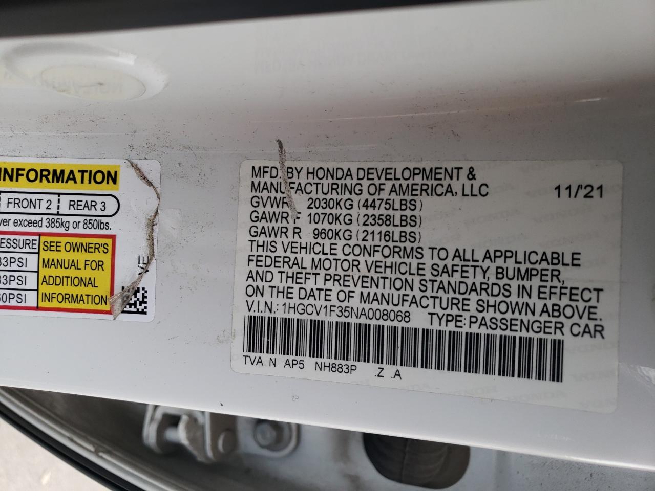 2022 HONDA ACCORD SPORT VIN:1HGCV1F35NA008068