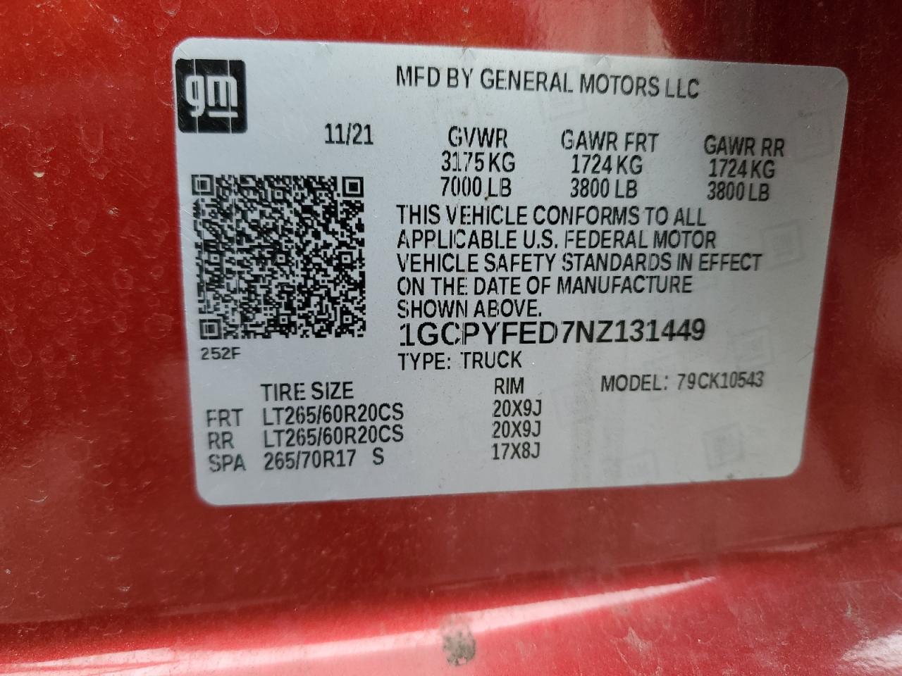 2022 CHEVROLET SILVERADO LTD K1500 LT TRAIL BOSS VIN:1GCPYFED7NZ131449