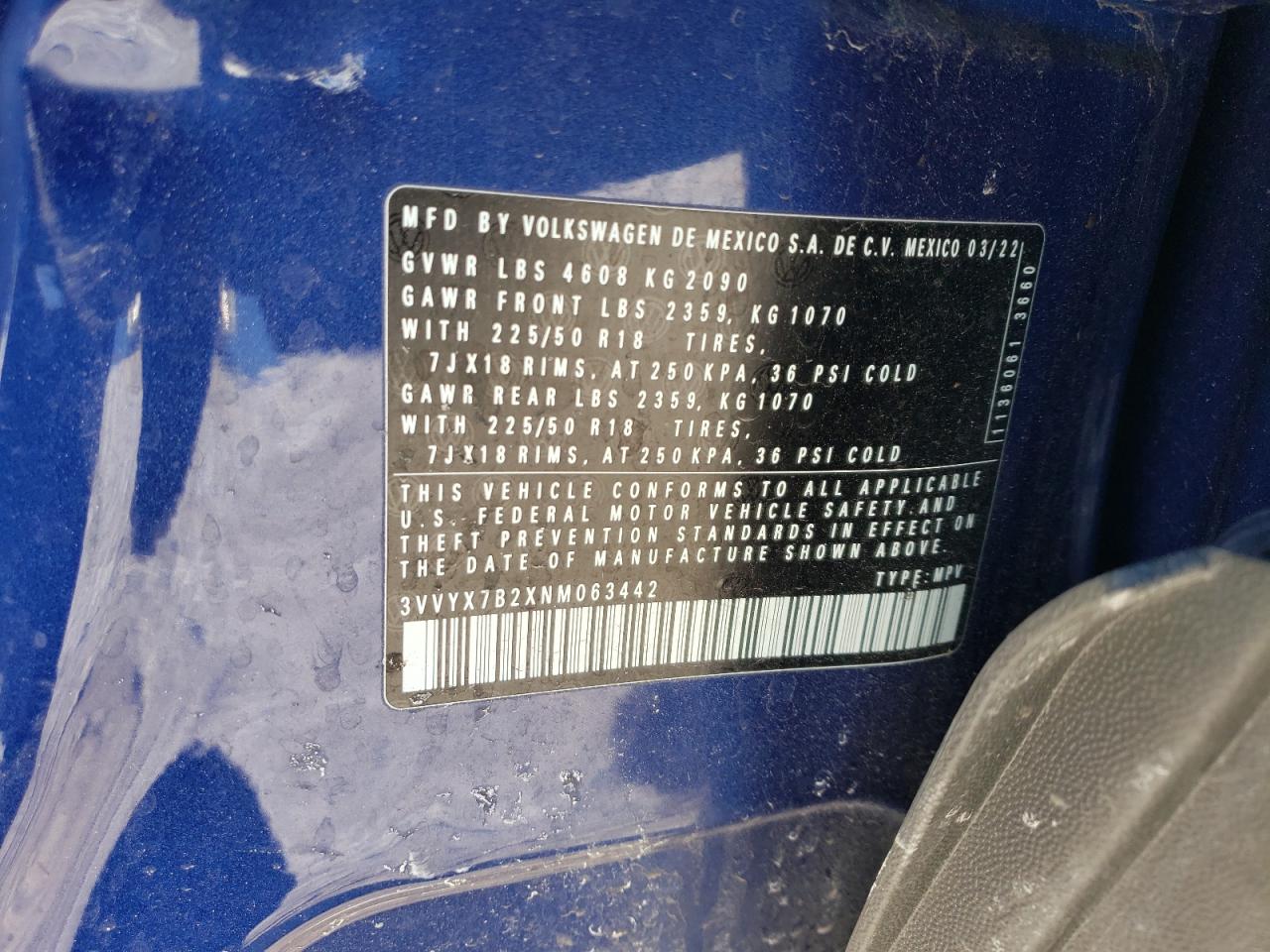 2022 VOLKSWAGEN TAOS SE VIN:3VVYX7B2XNM063442