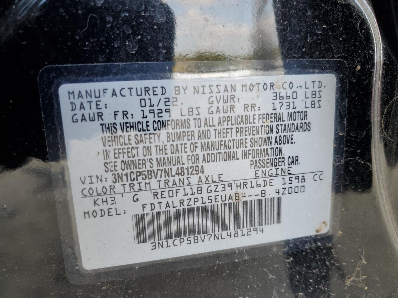 2022 NISSAN KICKS S VIN:3N1CP5BV7NL481294