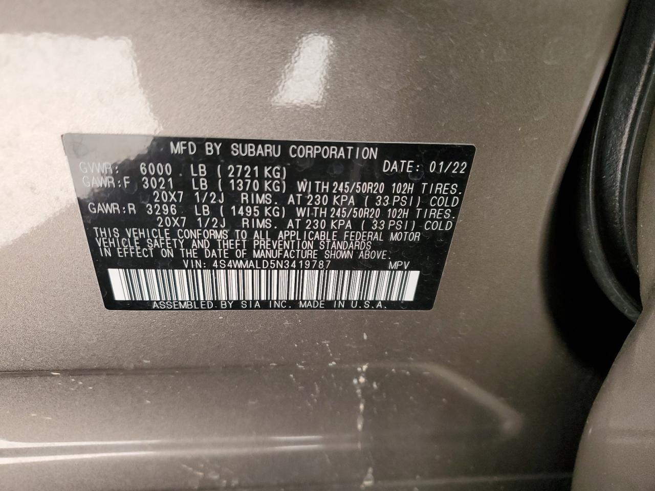 2022 SUBARU ASCENT LIMITED VIN:4S4WMALD5N3419787