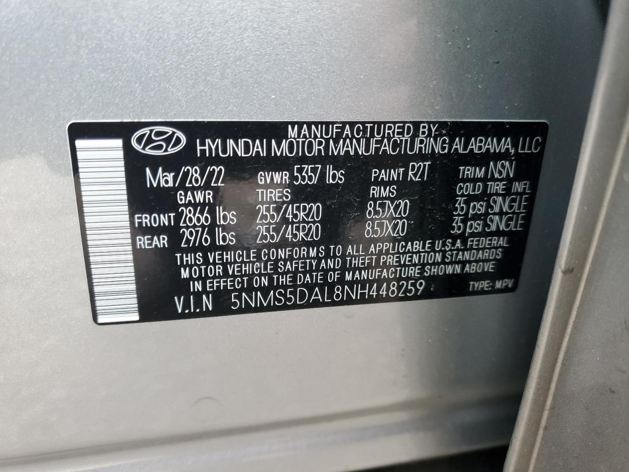 2022 HYUNDAI SANTA FE CALLIGRAPHY VIN:5NMS5DAL8NH448259