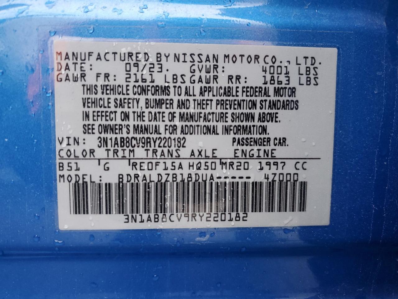 2024 NISSAN SENTRA SV VIN:3N1AB8CV9RY220182